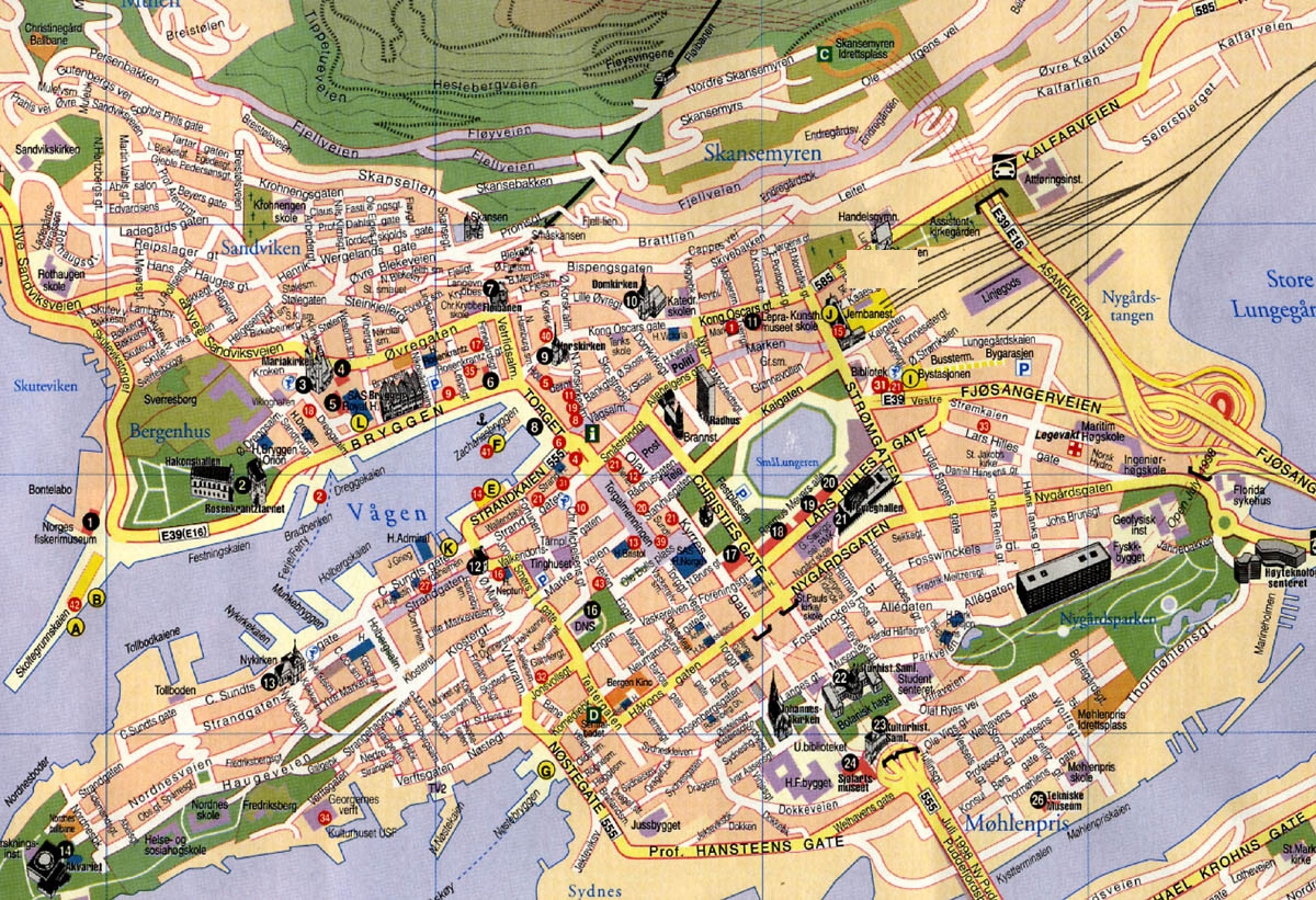 Roads Map Of Central Part Of Bergen City Norway Bergen City Central Part Roads Map Vidiani Maps Of All Countries In One Place