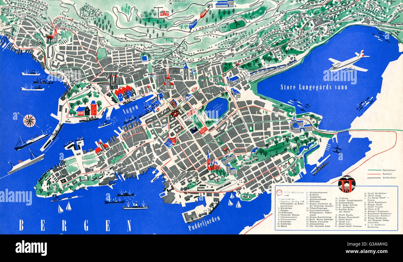 Tourist Map Of Bergen Norway Stock Photo Alamy