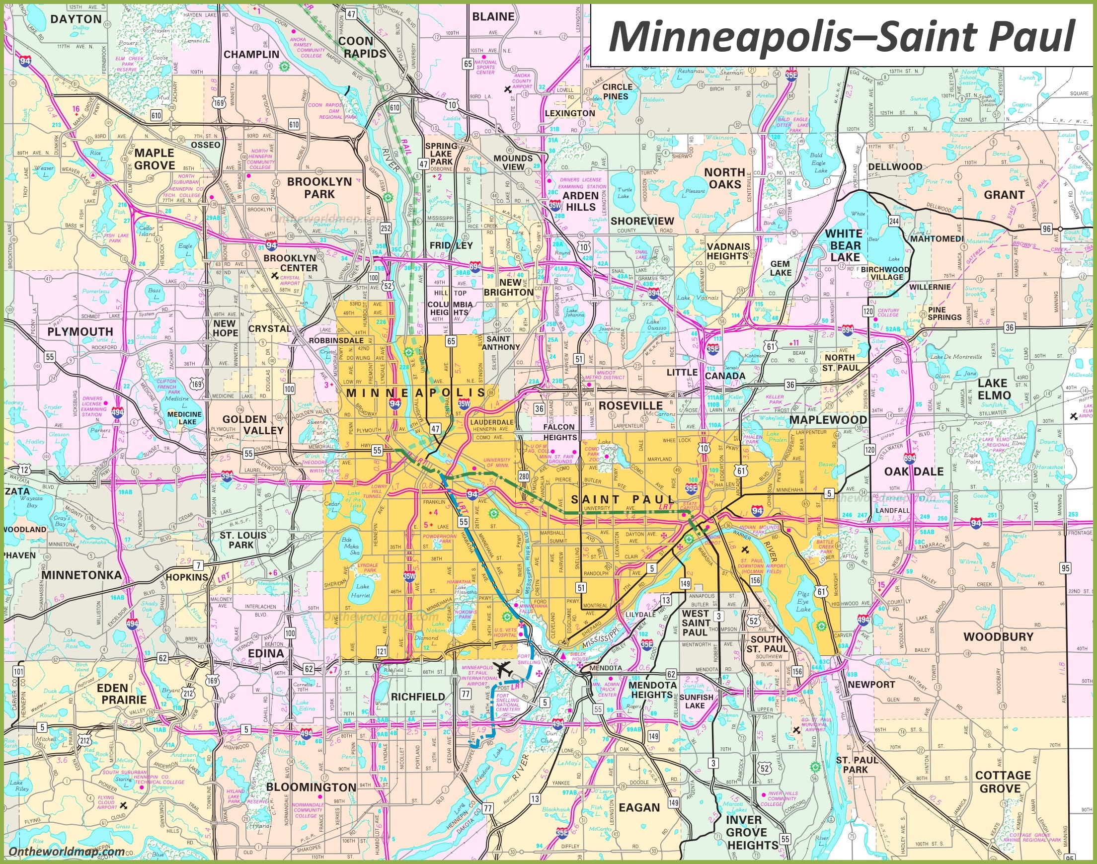 Twin Cities Map Minneapolis Saint Paul Map Ontheworldmap Twin Cities Map Minneapolis Saint Paul Map Ontheworldmap