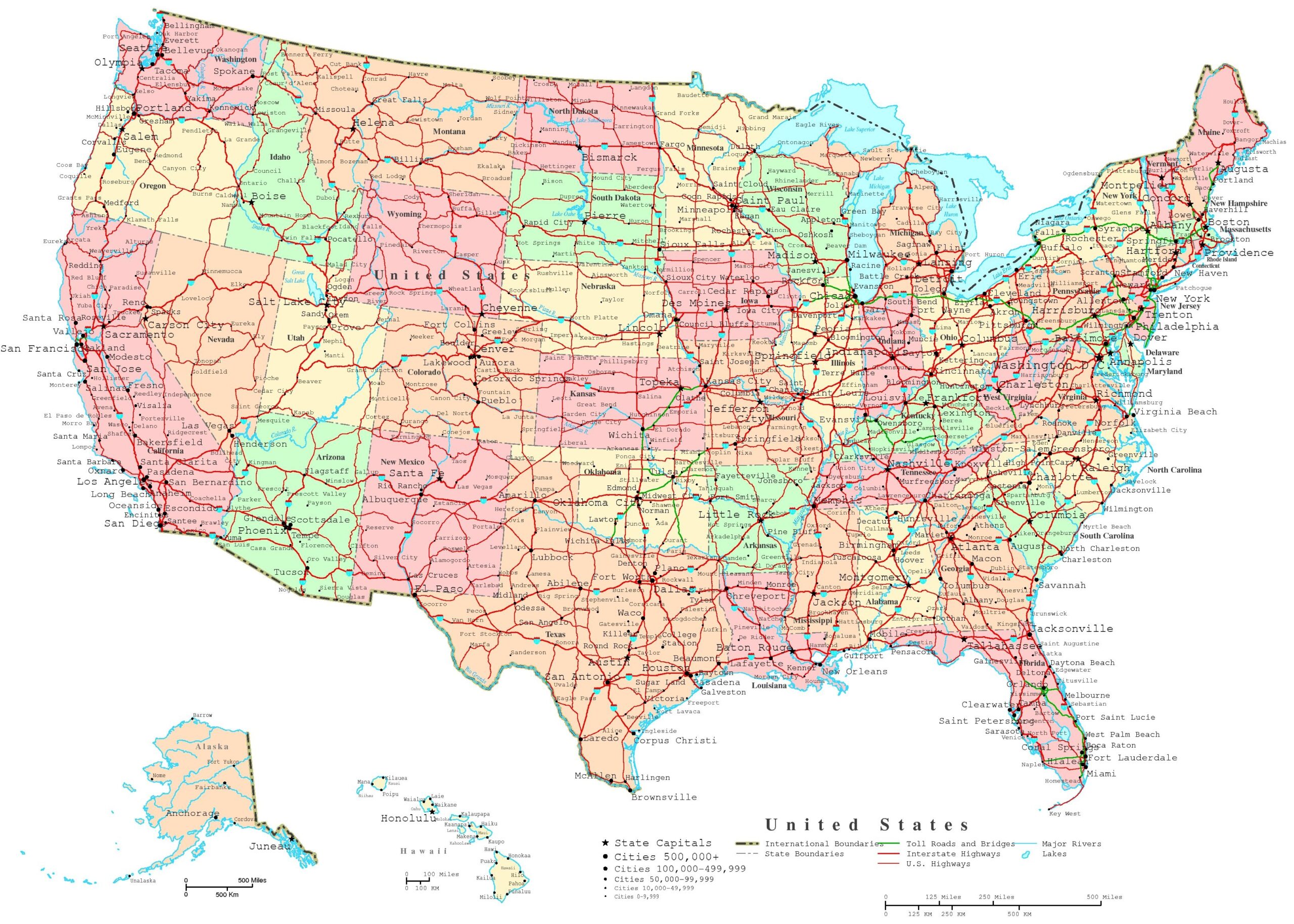 printable usa map with states and cities